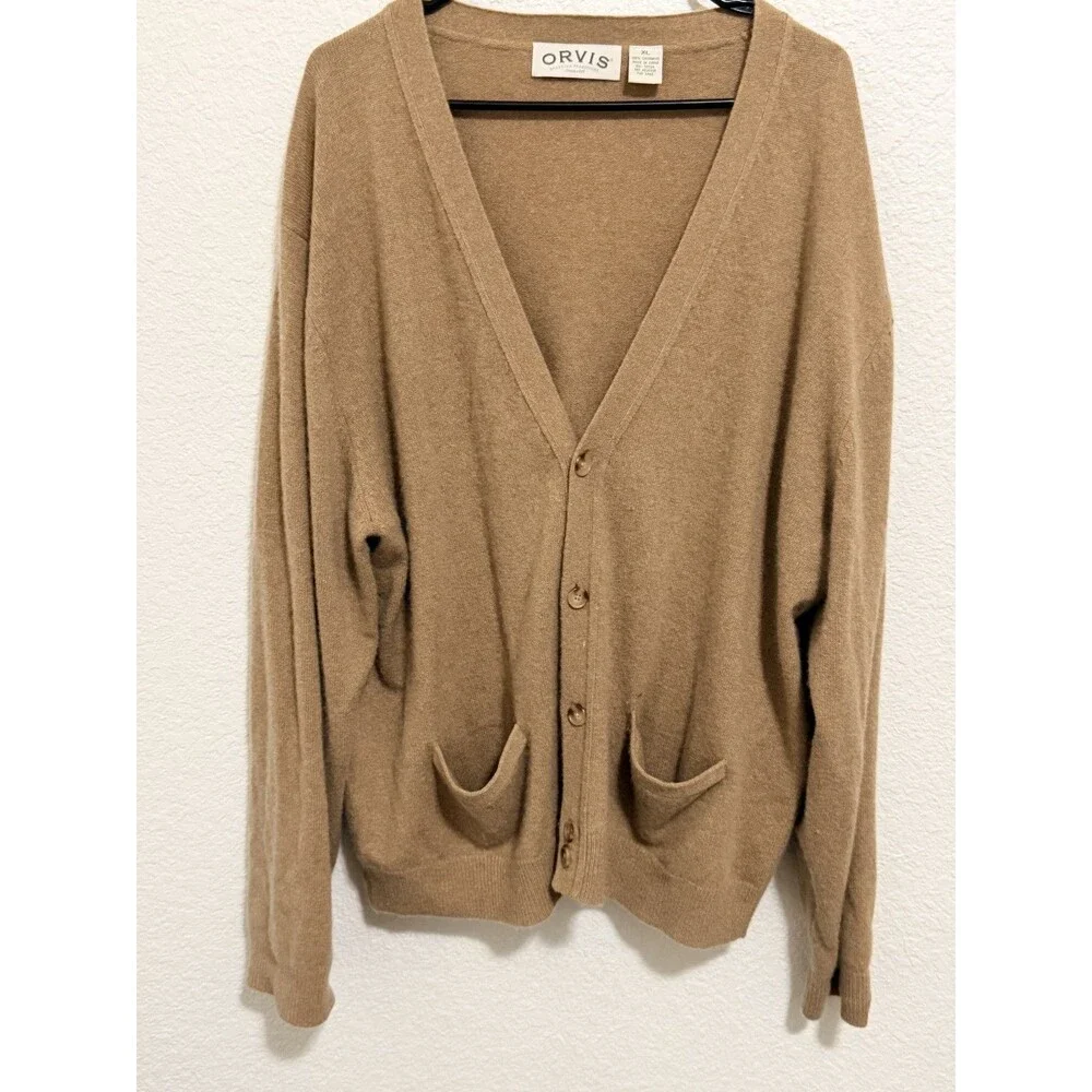 Orvis 100% Cashmere Cardigan Camel Sweater Buttons Pockets XL Womens